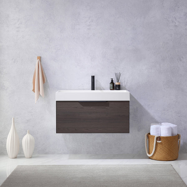 Vegadeo 36 Single Sink Bath Vanity in Suleiman Oak with White One-Piece Composite Stone Sink Top