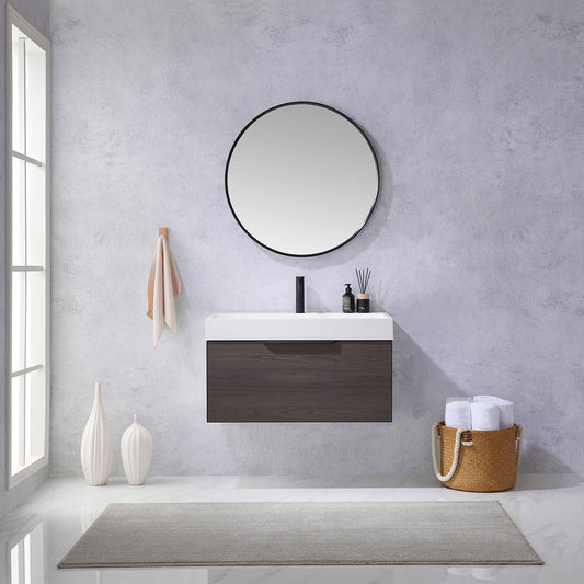 Vegadeo 36" Single Sink Bath Vanity in Suleiman Oak with White One-Piece Composite Stone Sink Top and Mirror