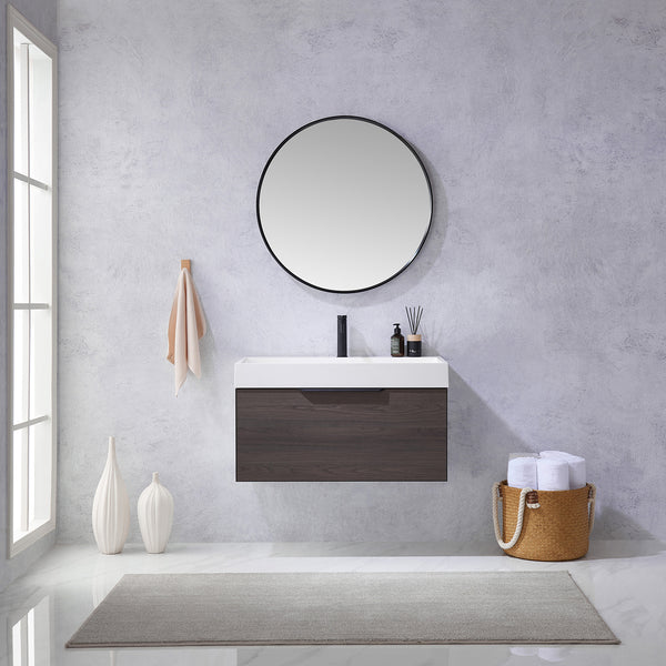 Vegadeo 36 Single Sink Bath Vanity in Suleiman Oak with White One-Piece Composite Stone Sink Top and Mirror