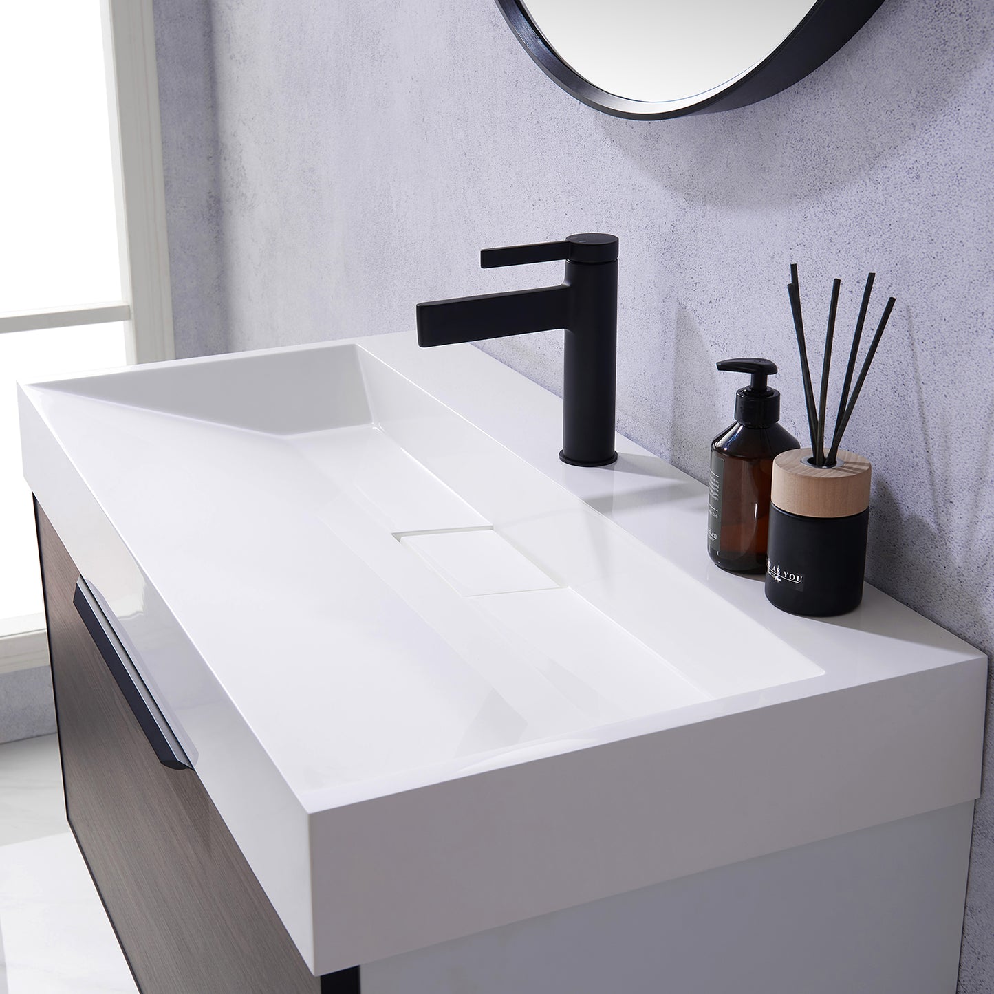 Vegadeo 36" Single Sink Bath Vanity in Suleiman Oak with White One-Piece Composite Stone Sink Top and Mirror