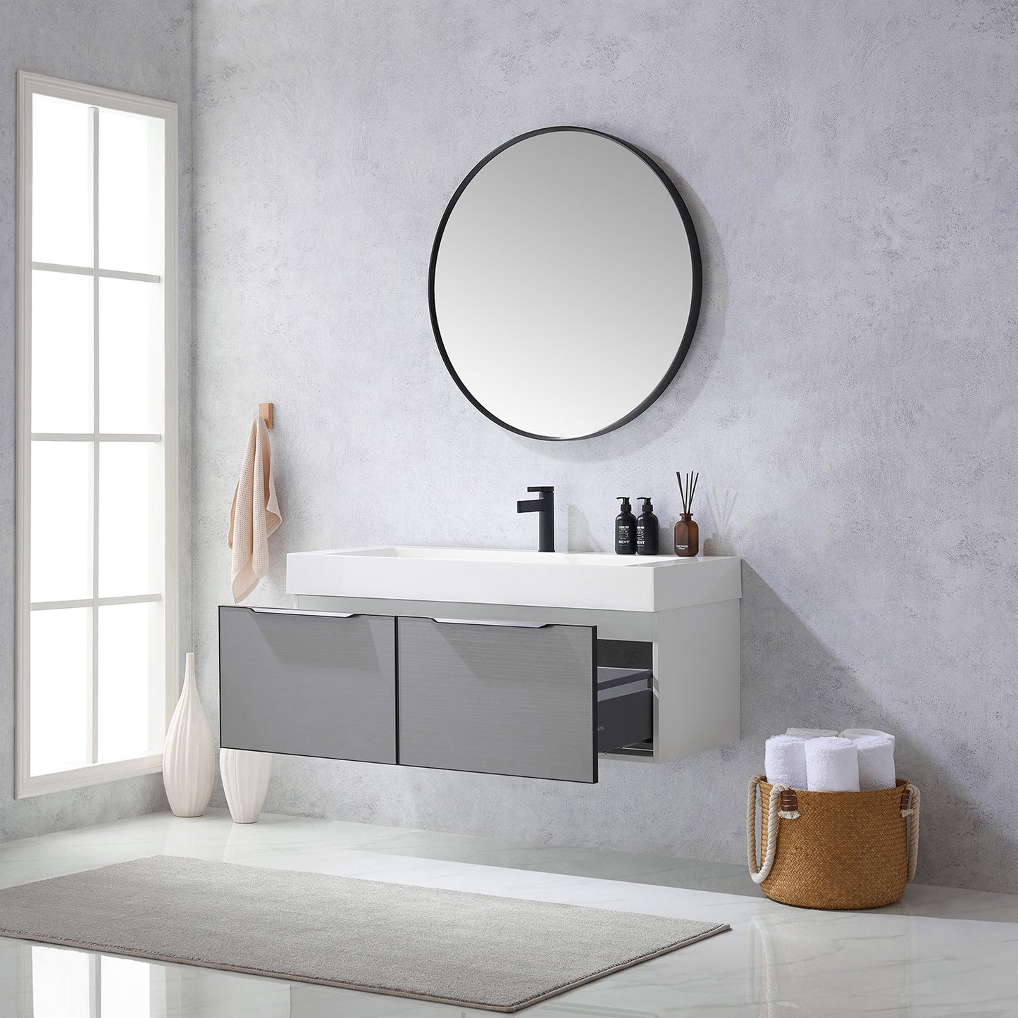 Vegadeo 48" Single Sink Bath Vanity in Grey with White One-Piece Composite Stone Sink Top and Mirror