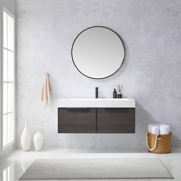 Vegadeo 48 Single Sink Bath Vanity in Suleiman Oak with White One-Piece Composite Stone Sink Top and Mirror