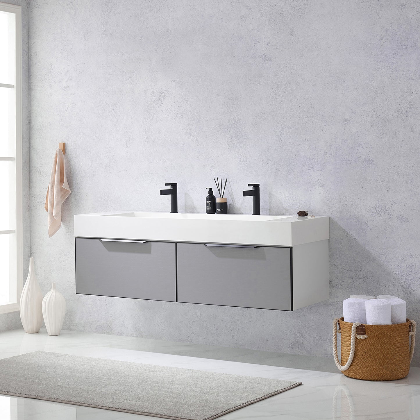 Vegadeo 60" Double Sink Bath Vanity in Grey with White One-Piece Composite Stone Sink Top
