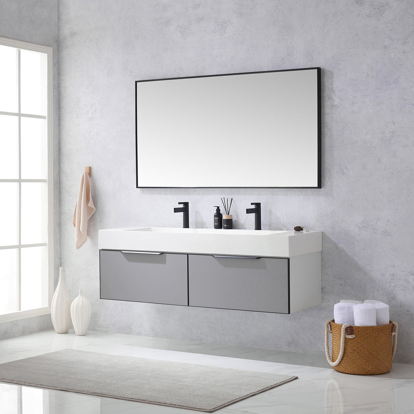 Vegadeo 60" Double Sink Bath Vanity in Grey with White One-Piece Composite Stone Sink Top and Mirror