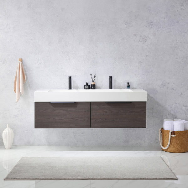 Vegadeo 60 Double Sink Bath Vanity in Suleiman Oak with White One-Piece Composite Stone Sink Top