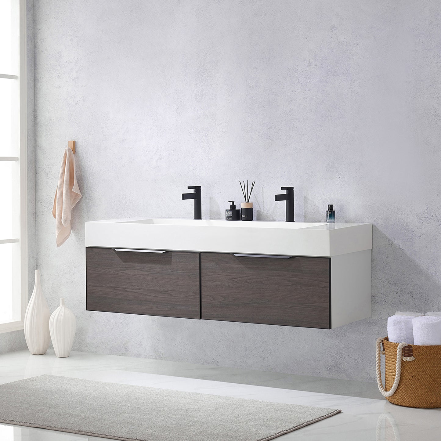 Vegadeo 60" Double Sink Bath Vanity in Suleiman Oak with White One-Piece Composite Stone Sink Top