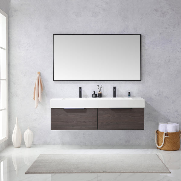 Vegadeo 60 Double Sink Bath Vanity in Suleiman Oak with White One-Piece Composite Stone Sink Top and Mirror