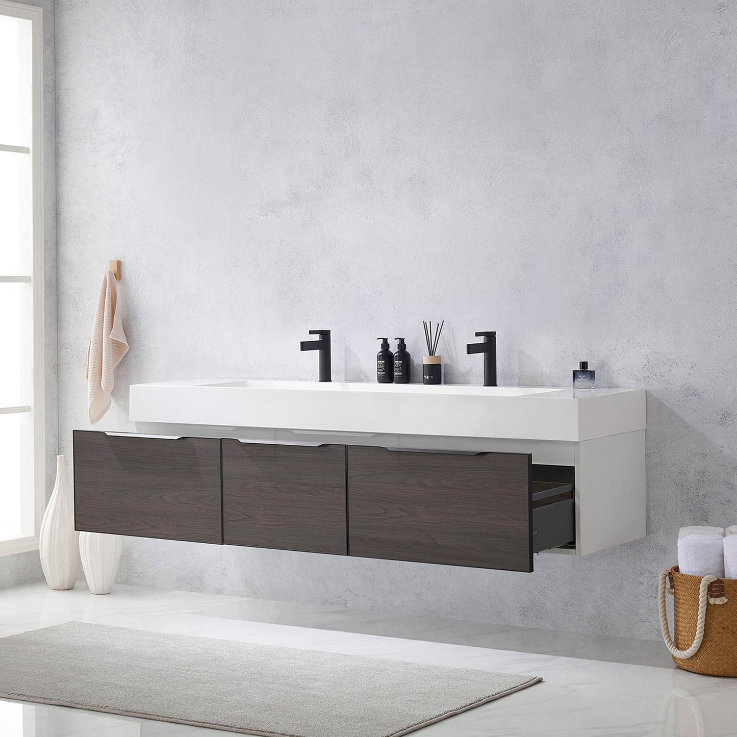 Vegadeo 72" Double Sink Bath Vanity in Suleiman Oak with White One-Piece Composite Stone Sink Top