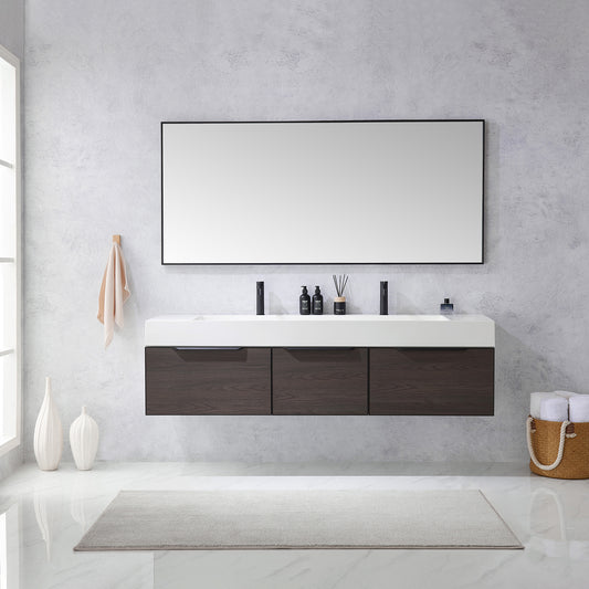 Vegadeo 72" Double Sink Bath Vanity in Suleiman Oak with White One-Piece Composite Stone Sink Top and Mirror
