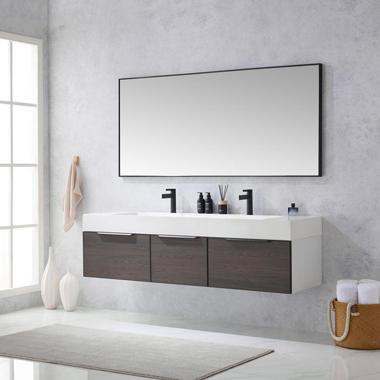 Vegadeo 72" Double Sink Bath Vanity in Suleiman Oak with White One-Piece Composite Stone Sink Top and Mirror