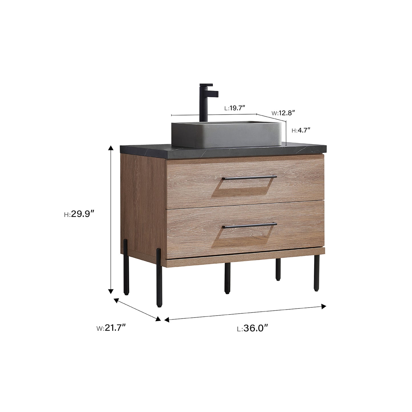 Trento 36" Single Sink Bath Vanity in North American Oak with Black Centered Stone Top with Concrete Sink