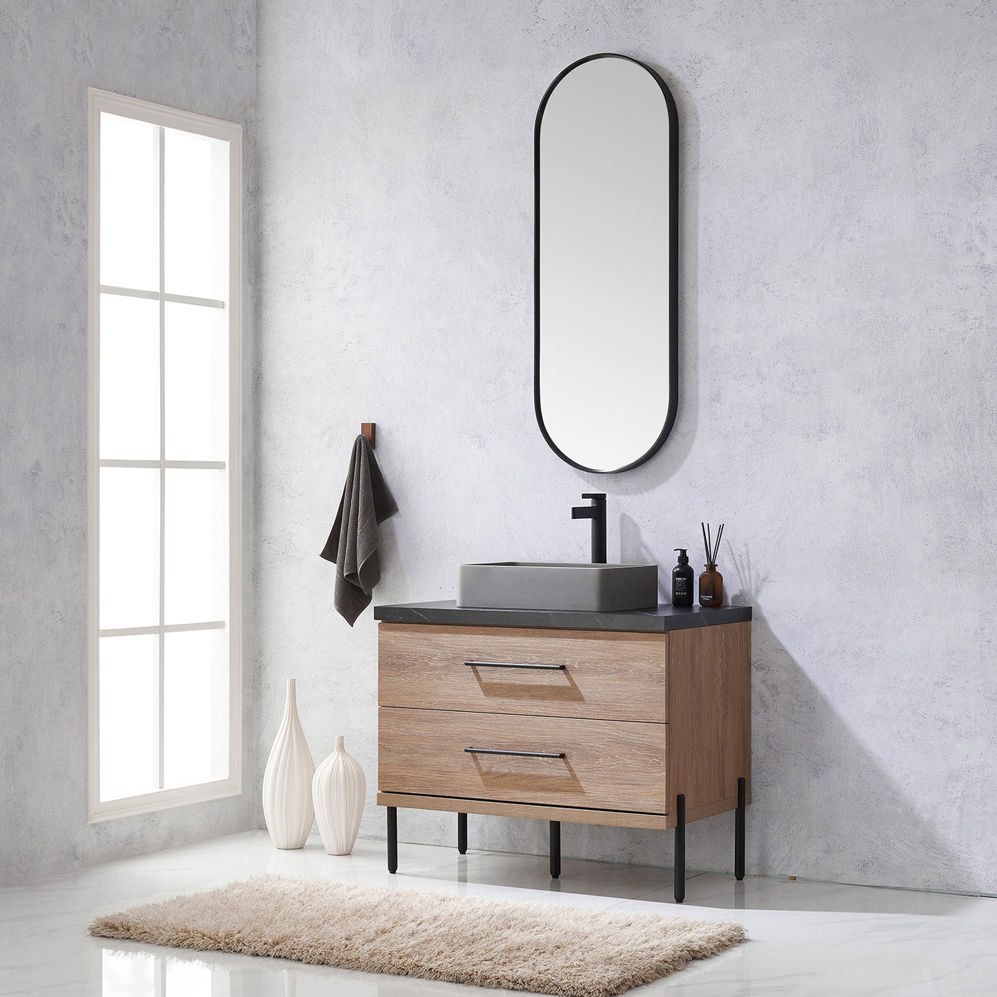 Trento 36" Single Sink Bath Vanity in North American Oak with Black Centered Stone Top with Concrete Sink and Mirror