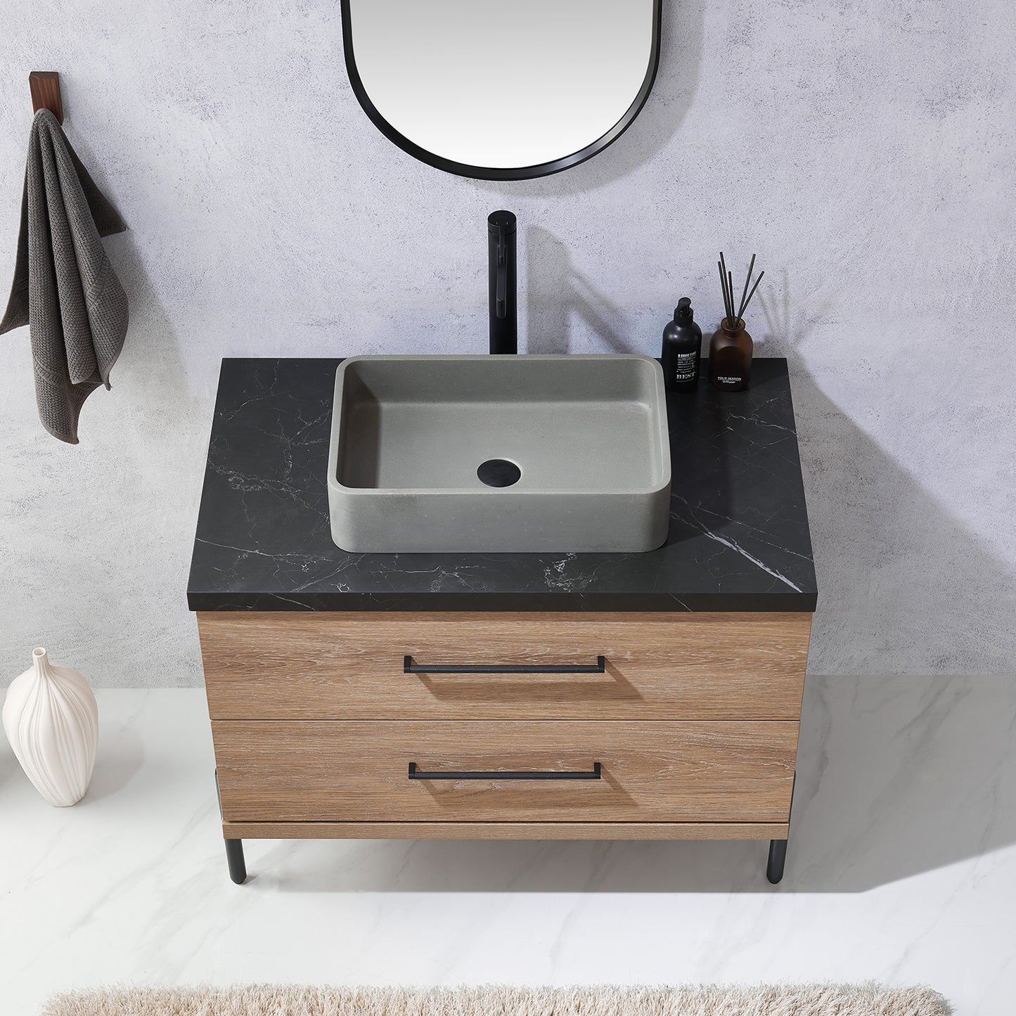 Trento 36" Single Sink Bath Vanity in North American Oak with Black Centered Stone Top with Concrete Sink and Mirror