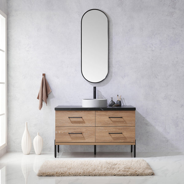 Trento 48 Single Sink Bath Vanity in North American Oak with Black Centered Stone Top with Concrete Sink and Mirror