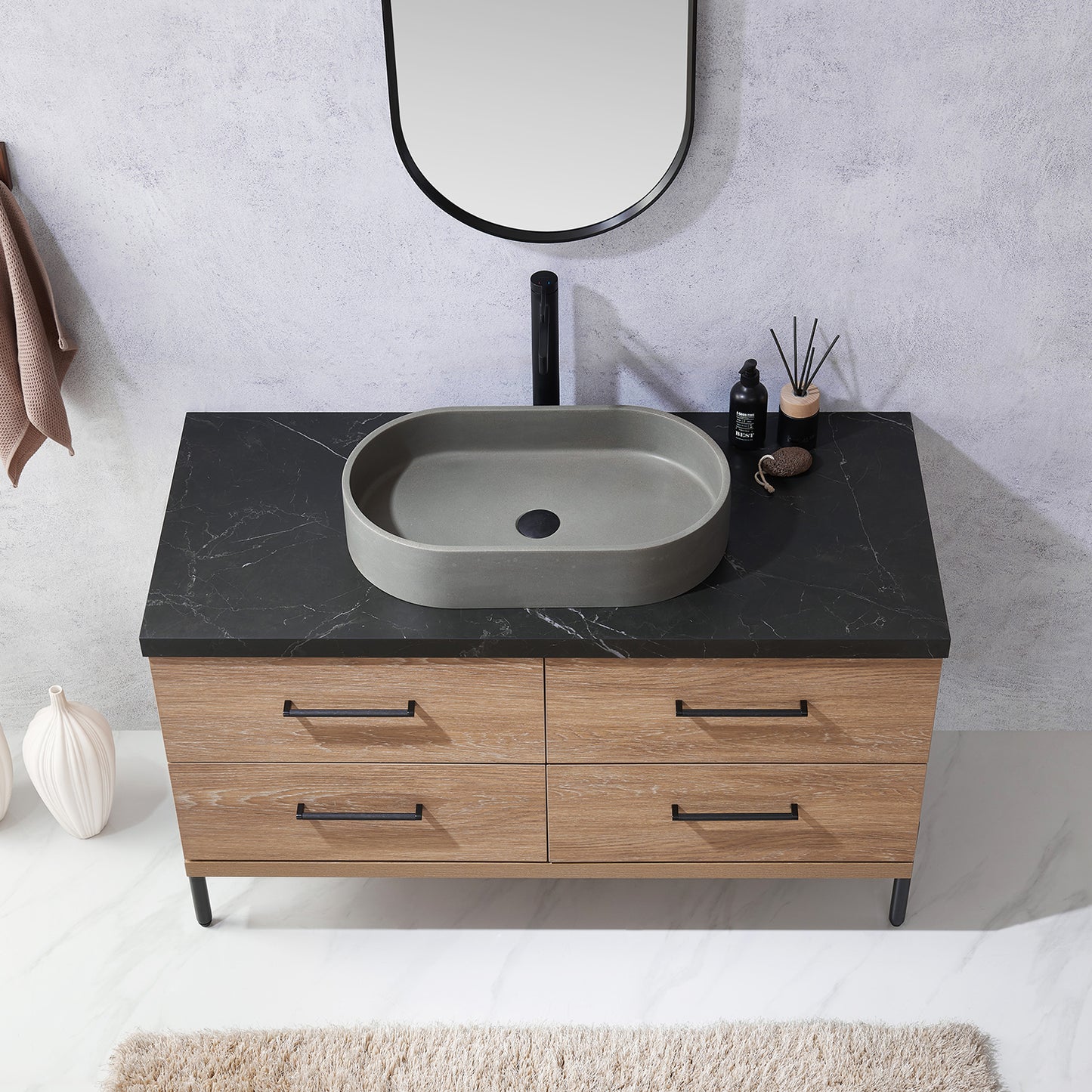 Trento 48" Single Sink Bath Vanity in North American Oak with Black Centered Stone Top with Concrete Sink and Mirror