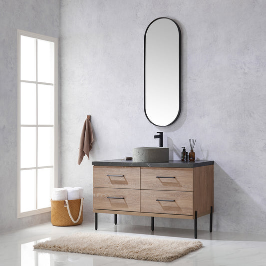 Trento 48" Single Sink Bath Vanity in North American Oak with Black Centered Stone Top with Concrete Sink and Mirror