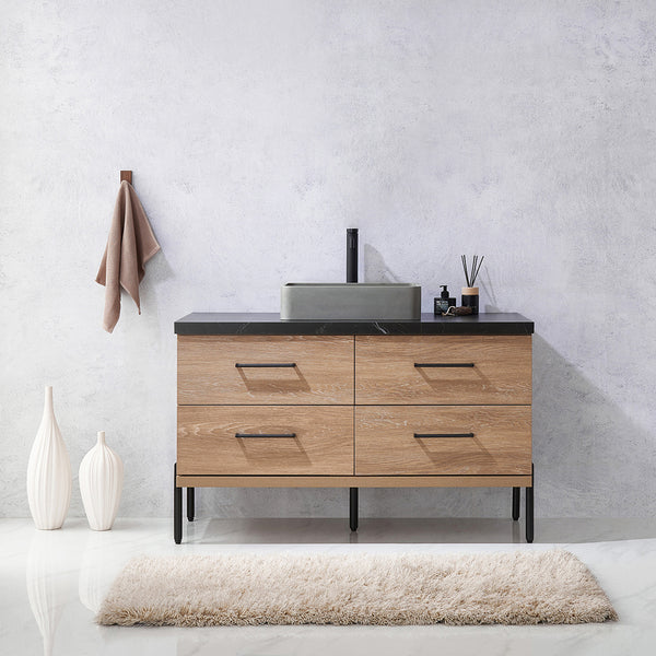 Trento 48 Single Sink Bath Vanity in North American Oak with Black Centered Stone Top with Concrete Sink and Mirror