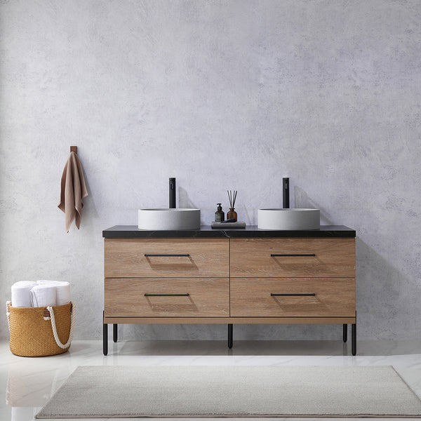 Trento 60 Double Sink Bath Vanity in North American Oak with Black Centered Stone Top with Concrete Sink