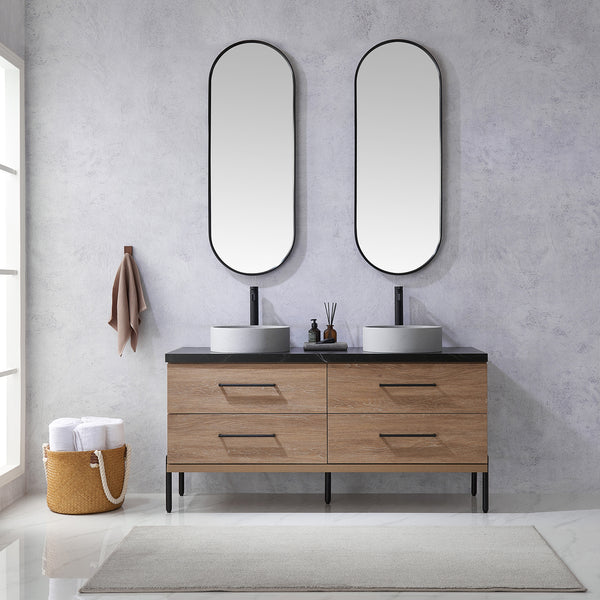 Trento 60 Double Sink Bath Vanity in North American Oak with Black Centered Stone Top with Concrete Sink and Mirror