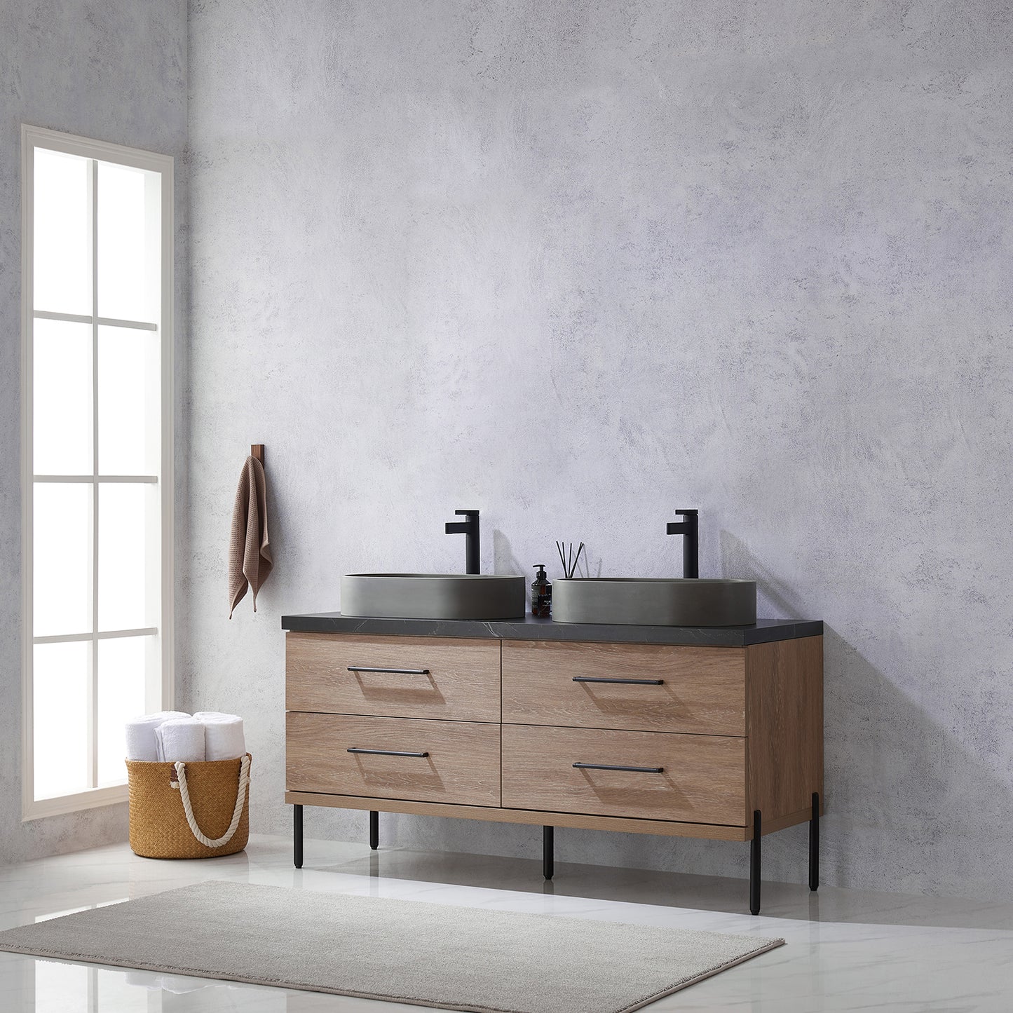 Trento 60" Double Sink Bath Vanity in North American Oak with Black Centered Stone Top with Concrete Sink