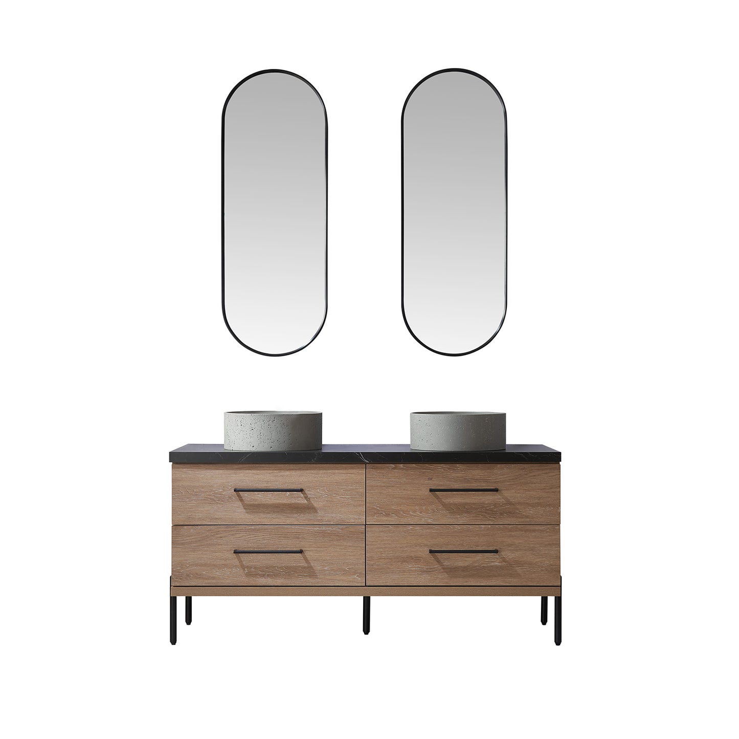 Trento 60" Double Sink Bath Vanity in North American Oak with Black Centered Stone Top with Concrete Sink and Mirror