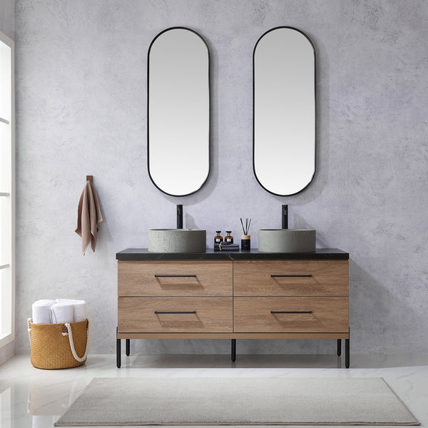 Trento 60 Double Sink Bath Vanity in North American Oak with Black Centered Stone Top with Concrete Sink and Mirror