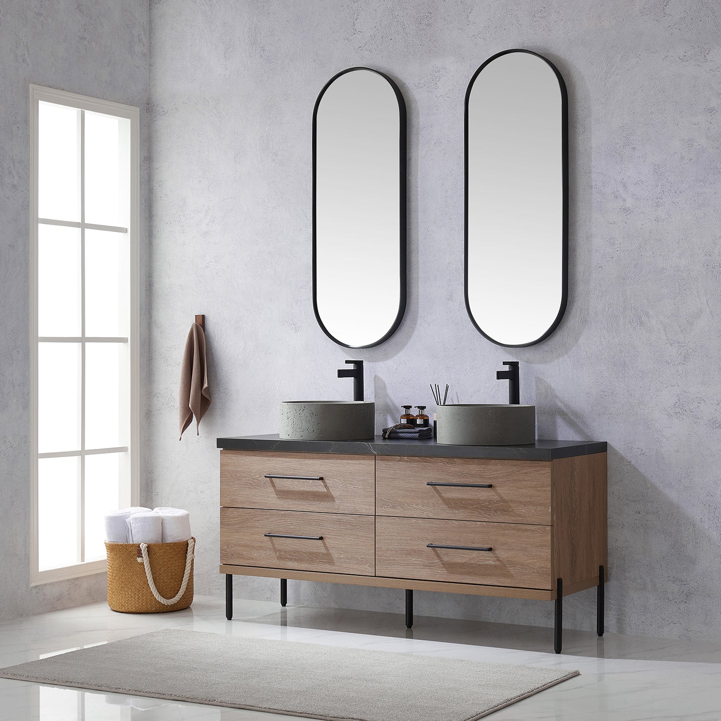 Trento 60" Double Sink Bath Vanity in North American Oak with Black Centered Stone Top with Concrete Sink and Mirror