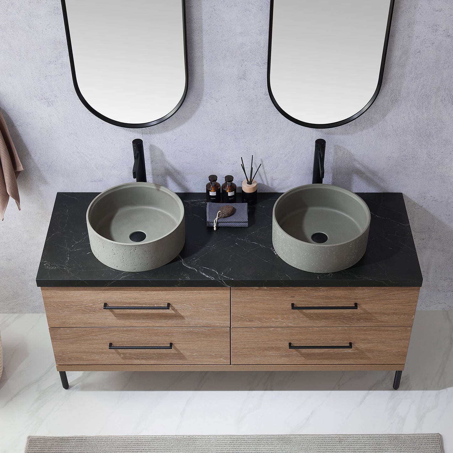 Trento 60" Double Sink Bath Vanity in North American Oak with Black Centered Stone Top with Concrete Sink and Mirror