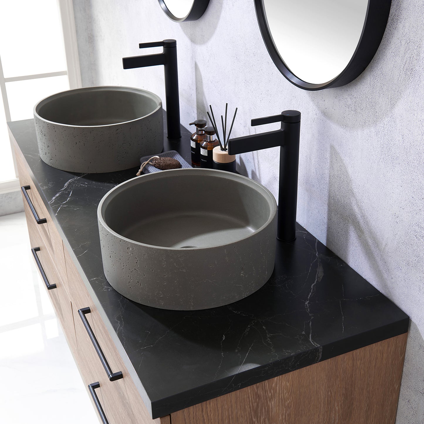 Trento 60" Double Sink Bath Vanity in North American Oak with Black Centered Stone Top with Concrete Sink and Mirror