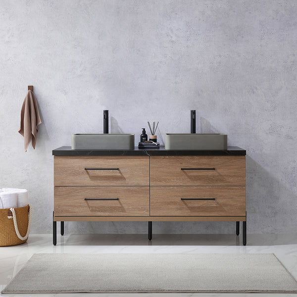 Trento 60 Double Sink Bath Vanity in North American Oak with Black Centered Stone Top with Concrete Sink