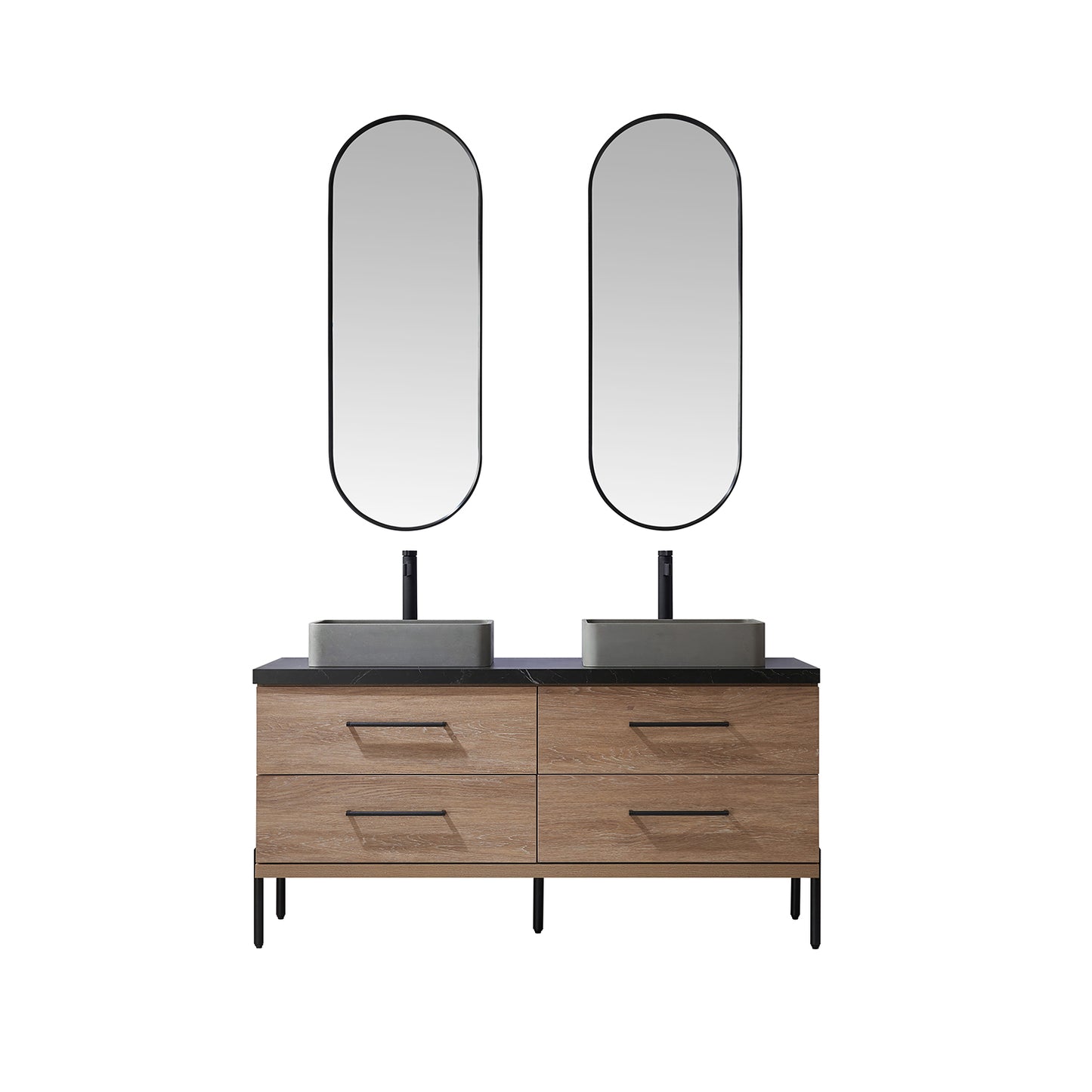 Trento 60" Double Sink Bath Vanity in North American Oak with Black Centered Stone Top with Concrete Sink and Mirror