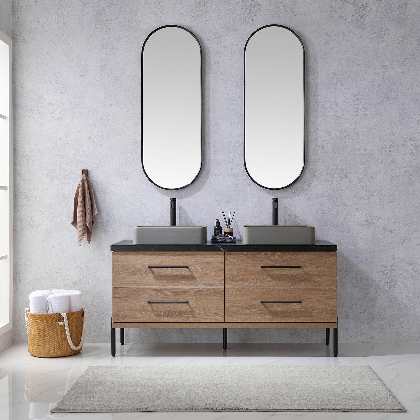 Trento 60" Double Sink Bath Vanity in North American Oak with Black Centered Stone Top with Concrete Sink and Mirror