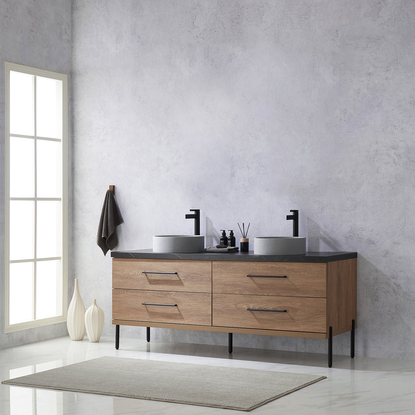 Trento 72" Double Sink Bath Vanity in North American Oak with Black Centered Stone Top with Concrete Sink