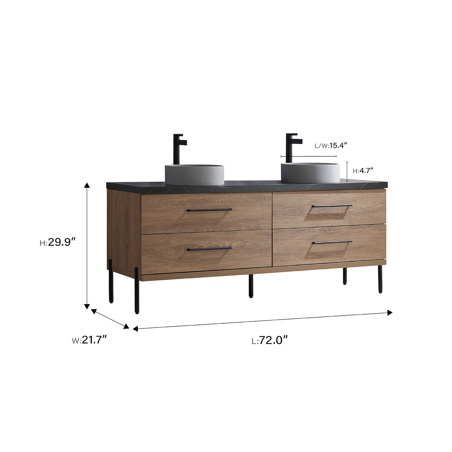 Trento 72" Double Sink Bath Vanity in North American Oak with Black Centered Stone Top with Concrete Sink