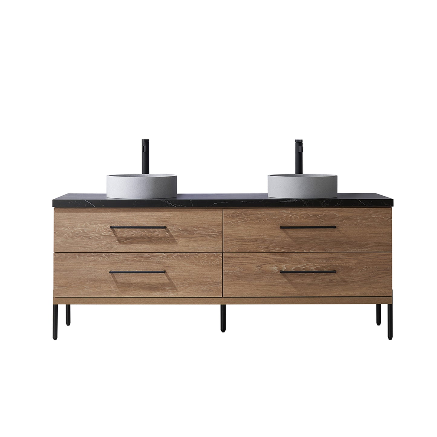 Trento 72" Double Sink Bath Vanity in North American Oak with Black Centered Stone Top with Concrete Sink