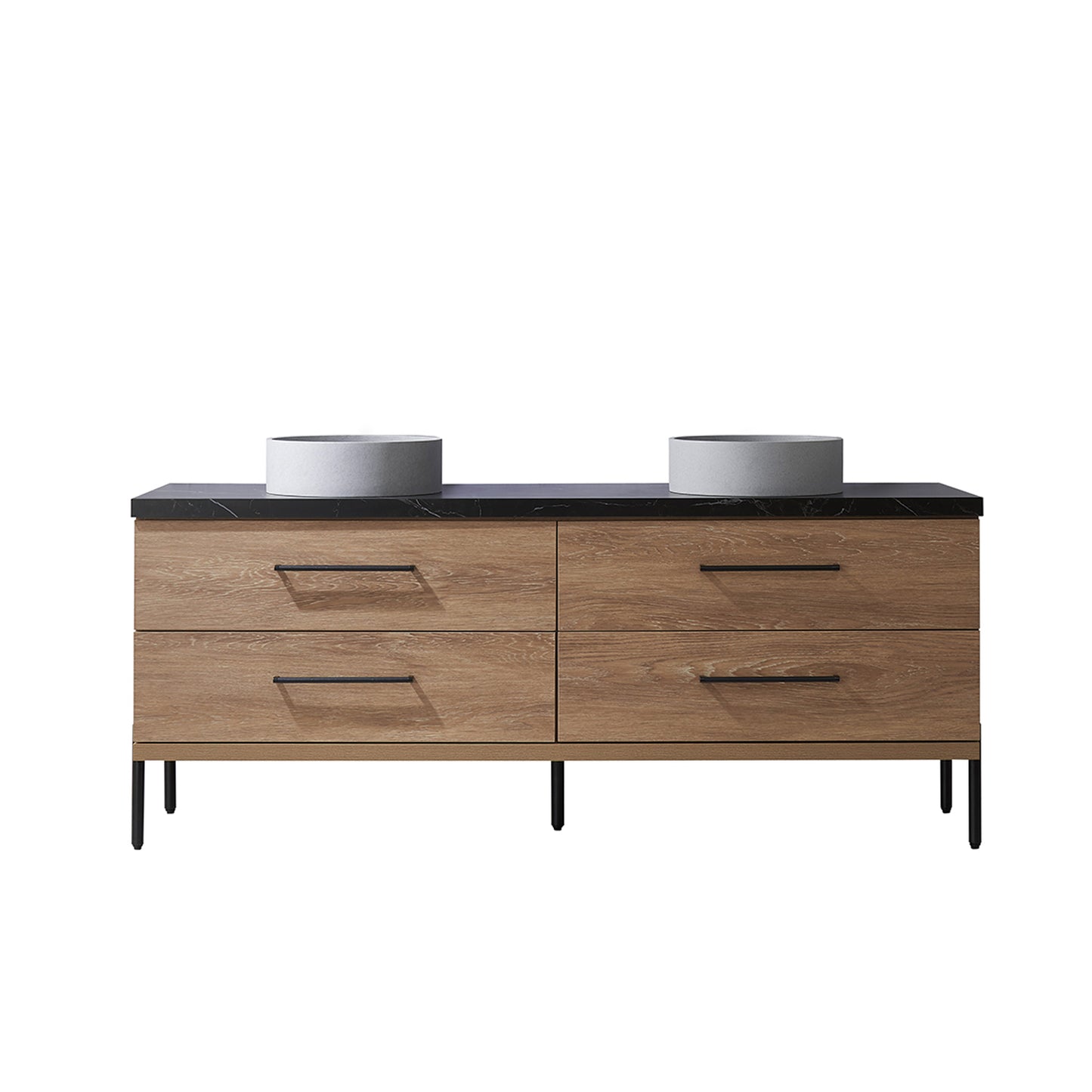 Trento 72" Double Sink Bath Vanity in North American Oak with Black Centered Stone Top with Concrete Sink