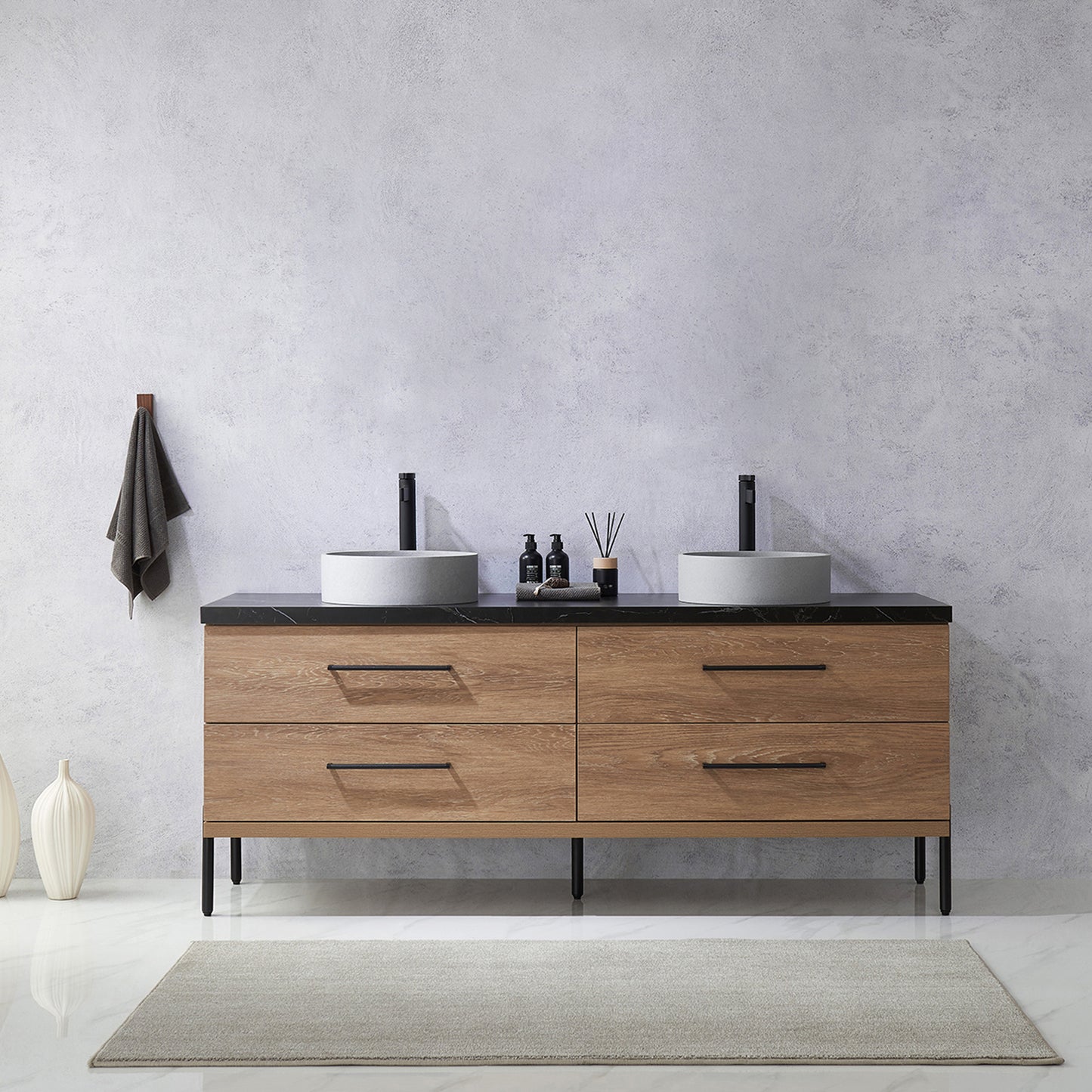 Trento 72" Double Sink Bath Vanity in North American Oak with Black Centered Stone Top with Concrete Sink