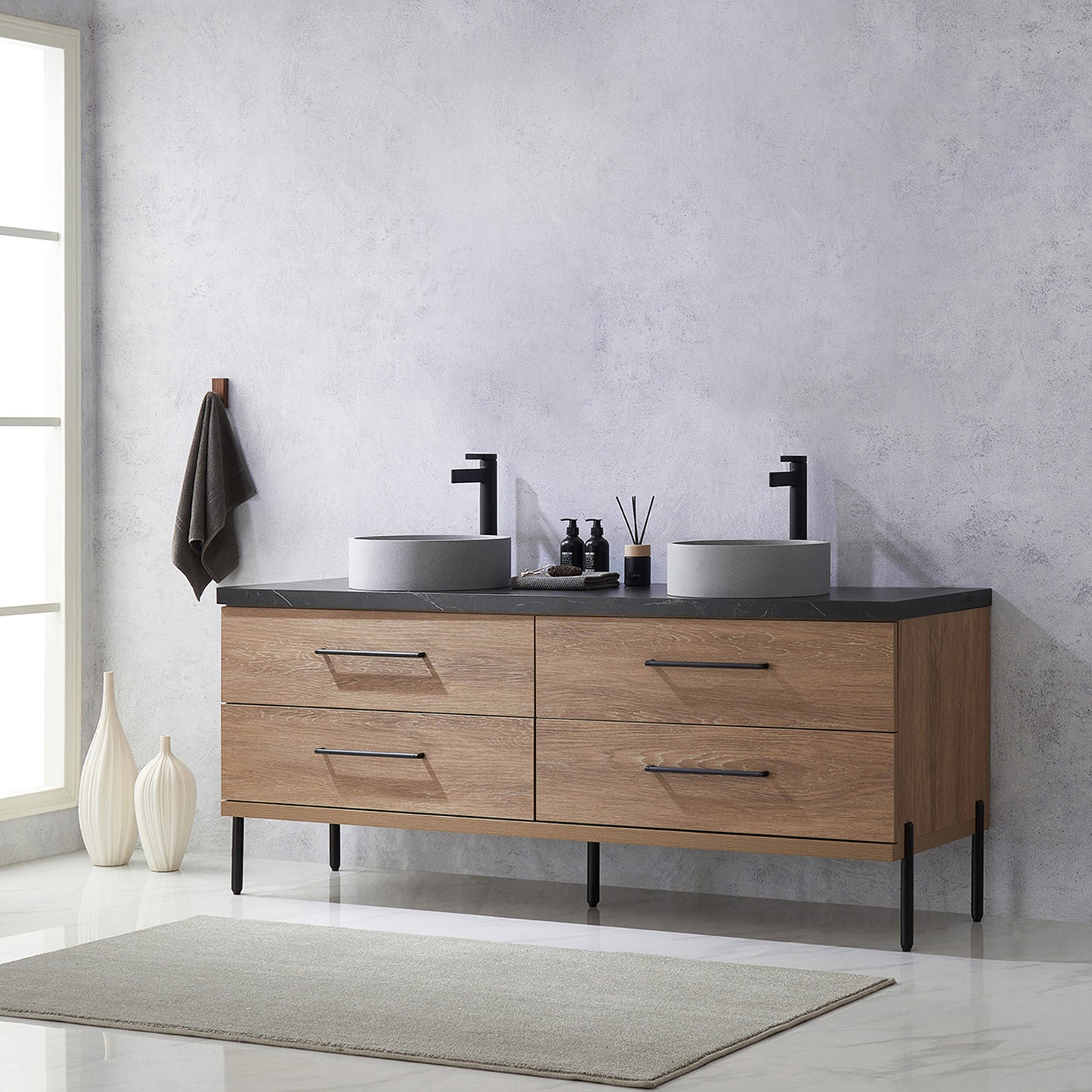 Trento 72" Double Sink Bath Vanity in North American Oak with Black Centered Stone Top with Concrete Sink