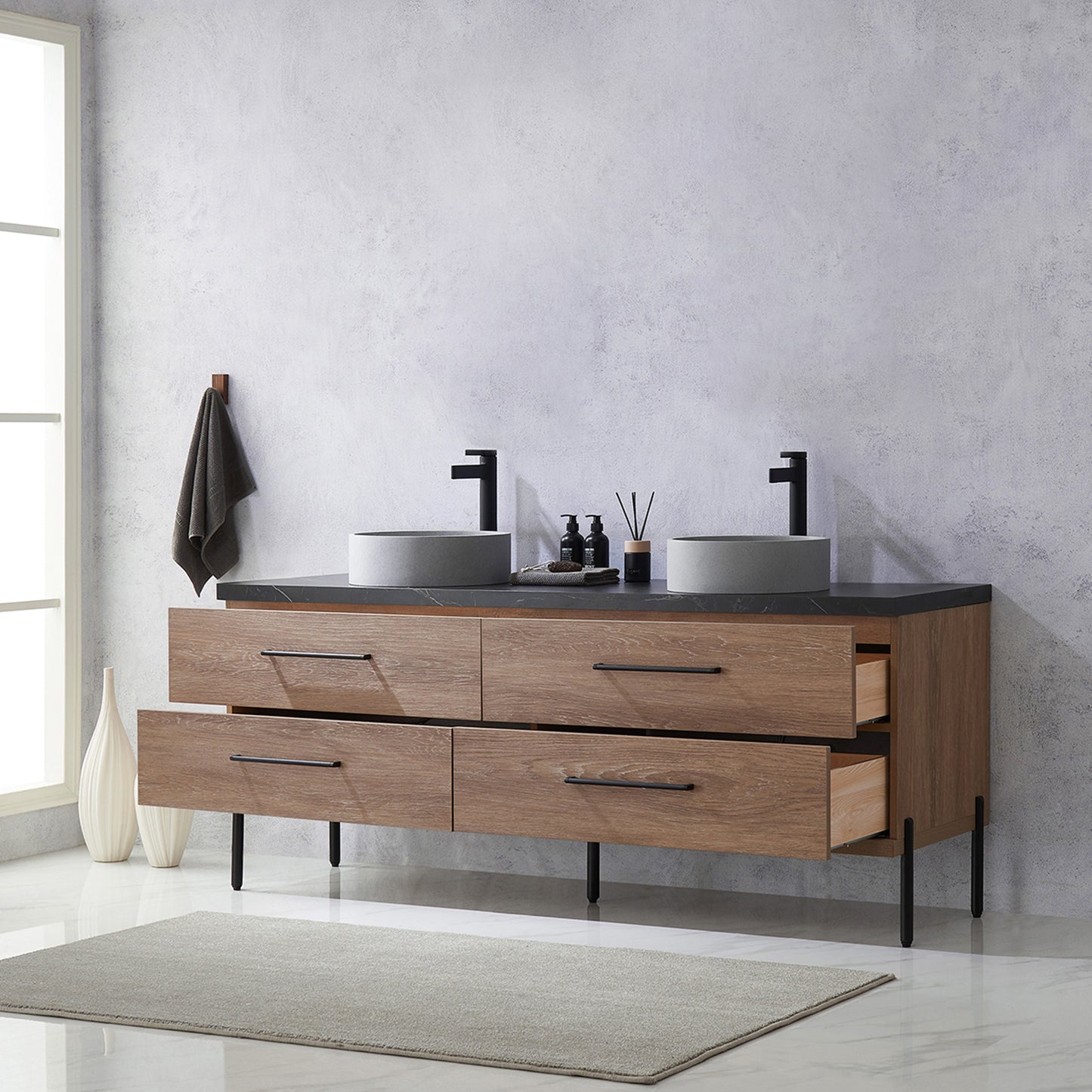 Trento 72" Double Sink Bath Vanity in North American Oak with Black Centered Stone Top with Concrete Sink