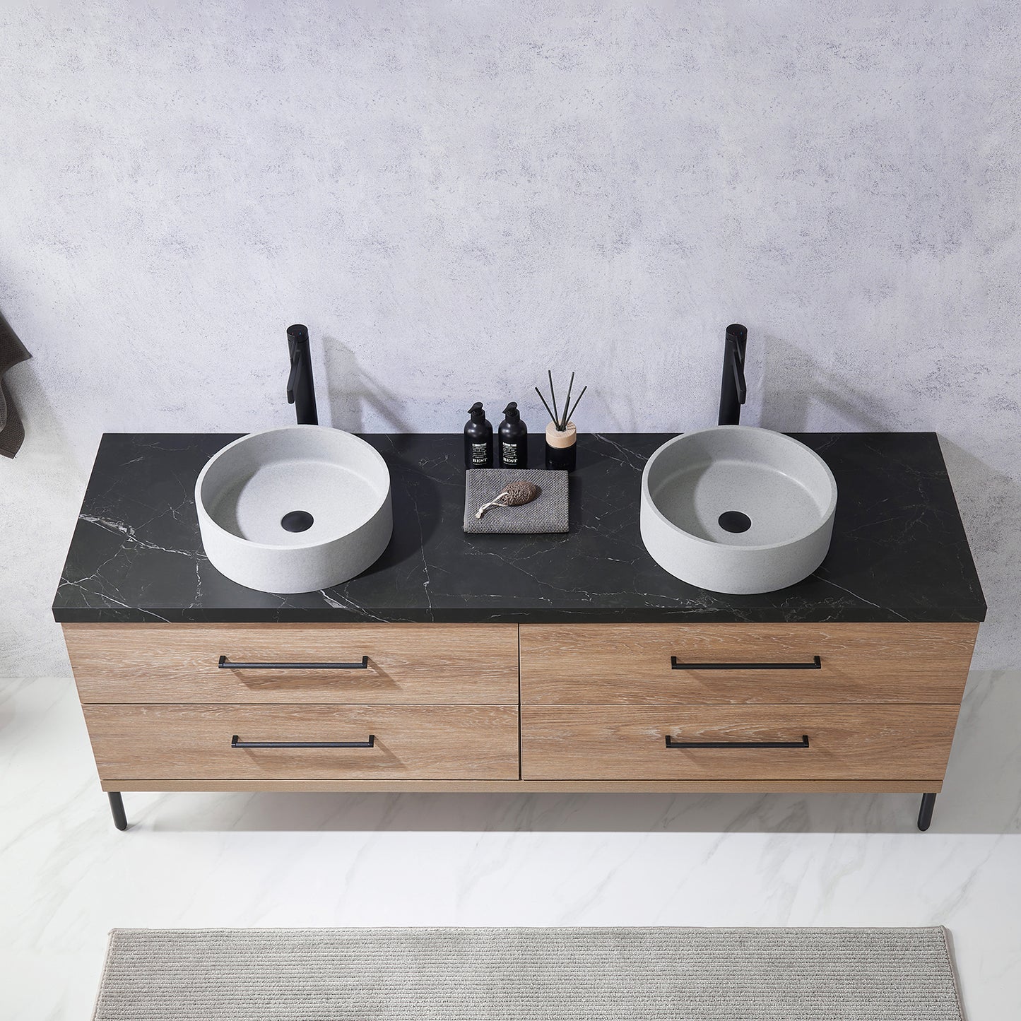 Trento 72" Double Sink Bath Vanity in North American Oak with Black Centered Stone Top with Concrete Sink