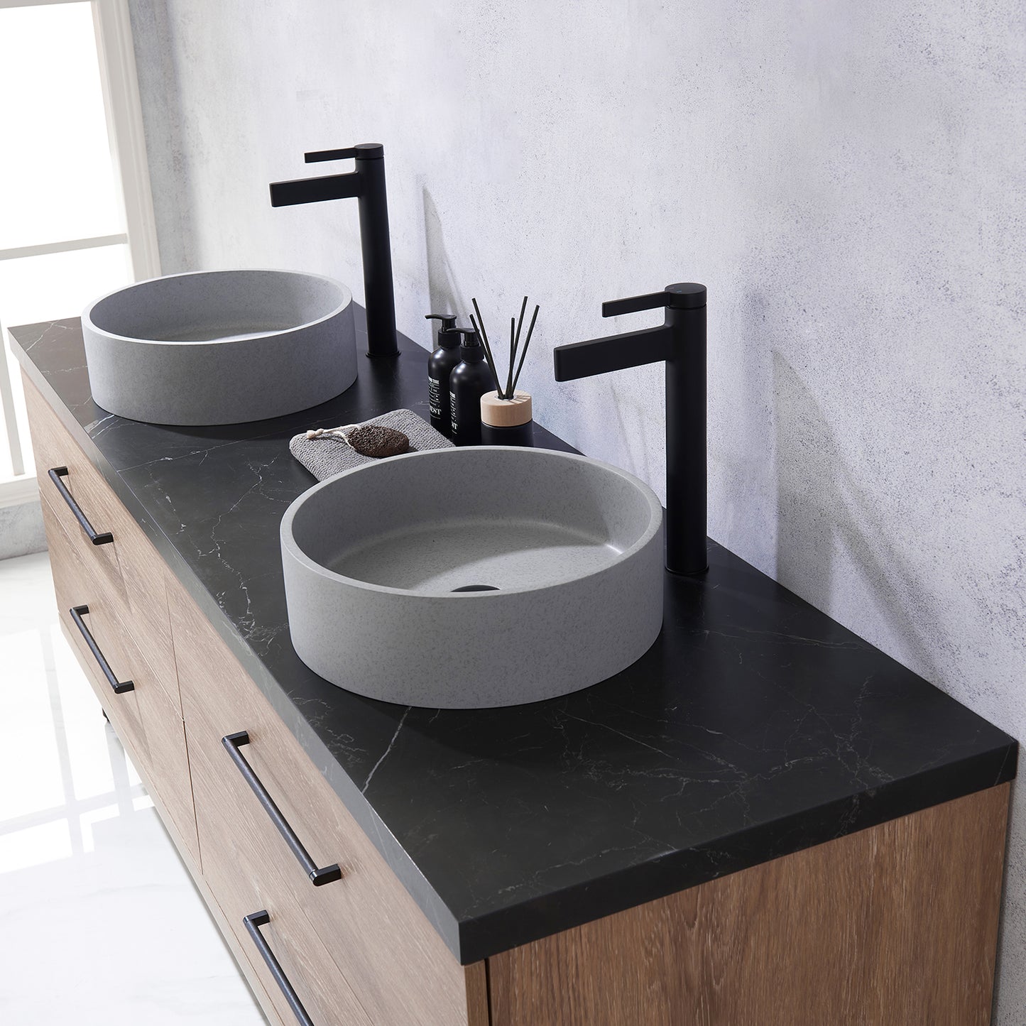 Trento 72" Double Sink Bath Vanity in North American Oak with Black Centered Stone Top with Concrete Sink