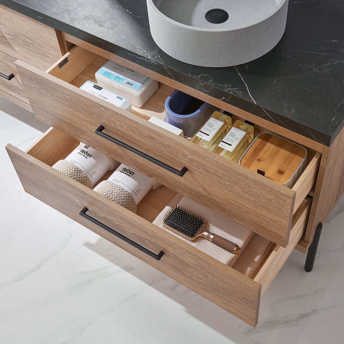 Trento 72" Double Sink Bath Vanity in North American Oak with Black Centered Stone Top with Concrete Sink