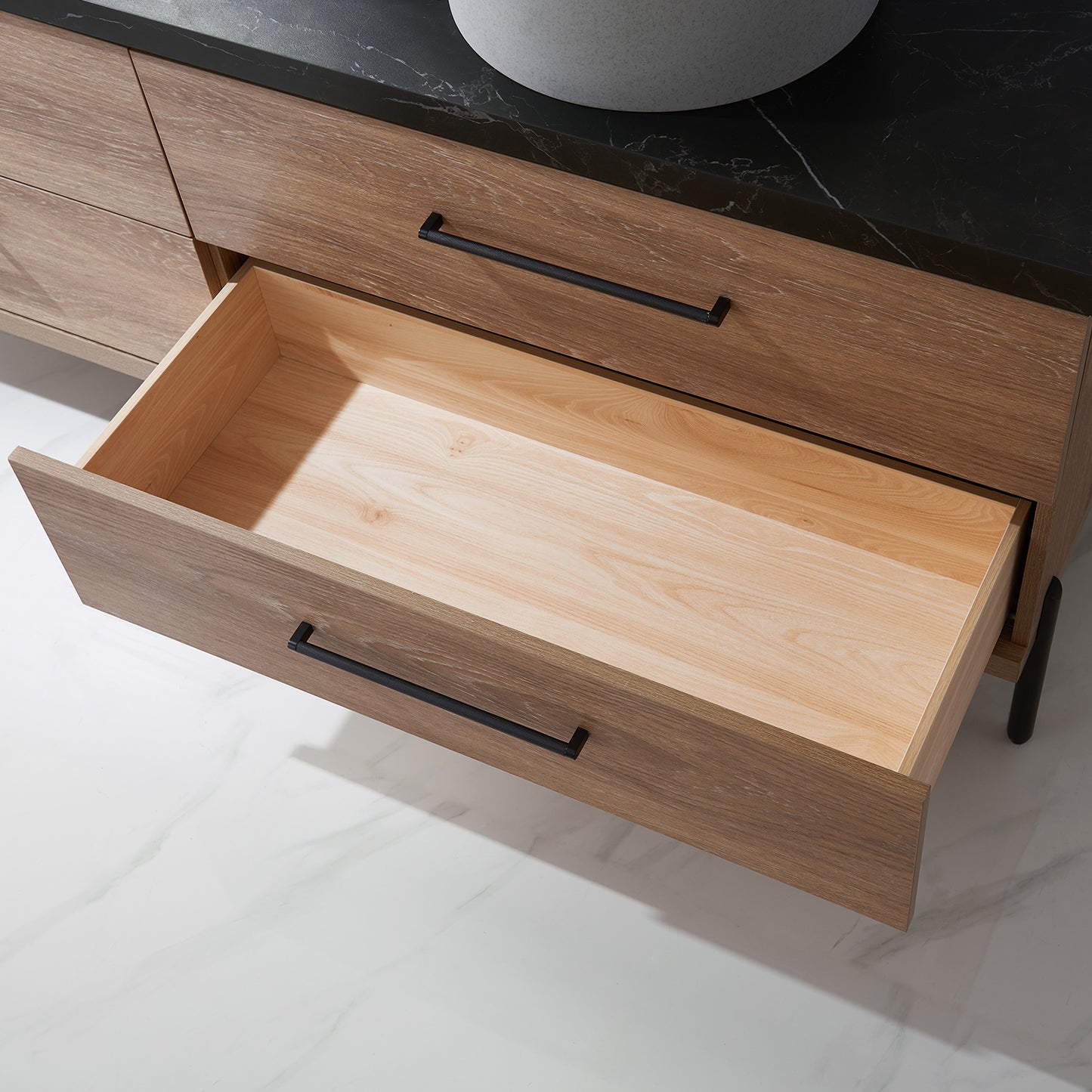 Trento 72" Double Sink Bath Vanity in North American Oak with Black Centered Stone Top with Concrete Sink