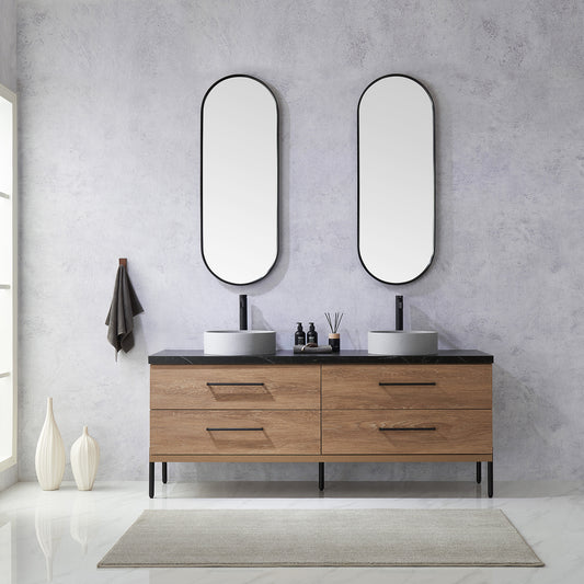 Trento 72" Double Sink Bath Vanity in North American Oak with Black Centered Stone Top with Concrete Sink and Mirror