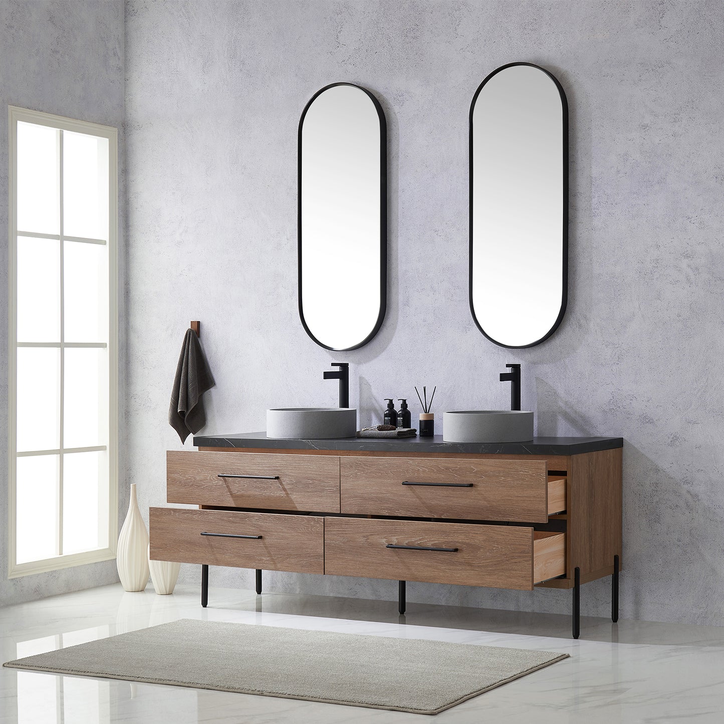 Trento 72" Double Sink Bath Vanity in North American Oak with Black Centered Stone Top with Concrete Sink and Mirror