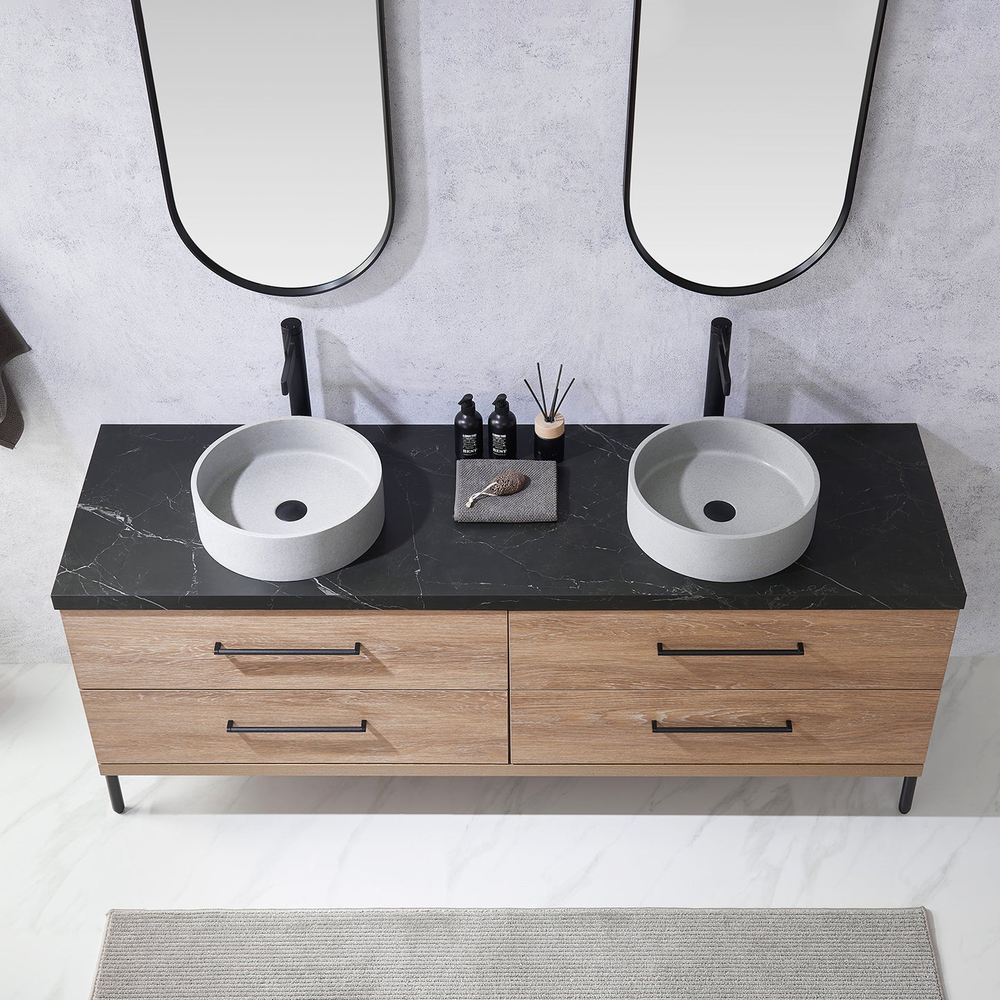 Trento 72" Double Sink Bath Vanity in North American Oak with Black Centered Stone Top with Concrete Sink and Mirror