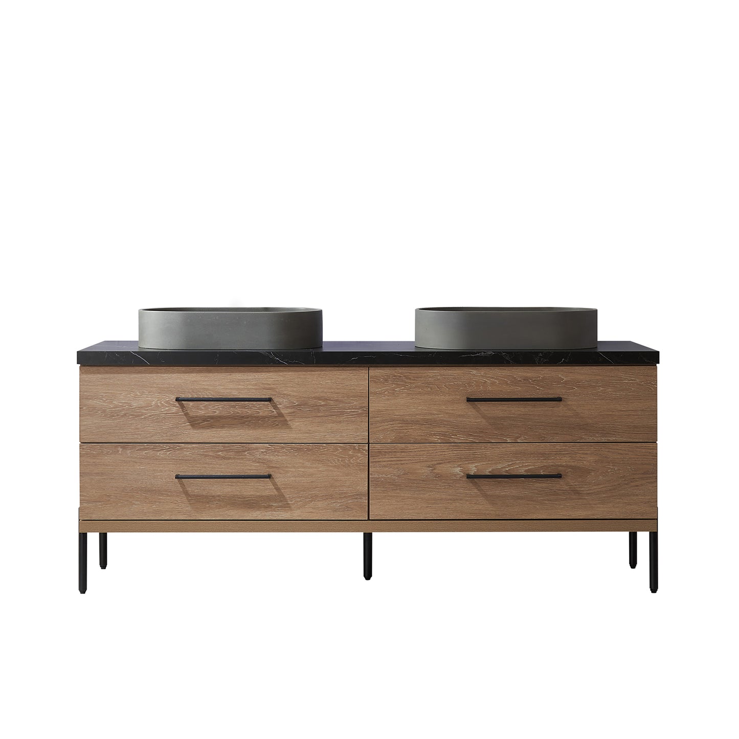 Trento 72" Double Sink Bath Vanity in North American Oak with Black Centered Stone Top with Concrete Sink
