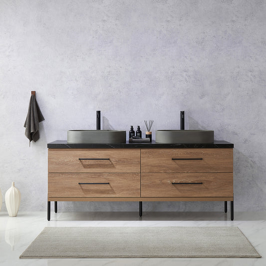 Trento 72" Double Sink Bath Vanity in North American Oak with Black Centered Stone Top with Concrete Sink
