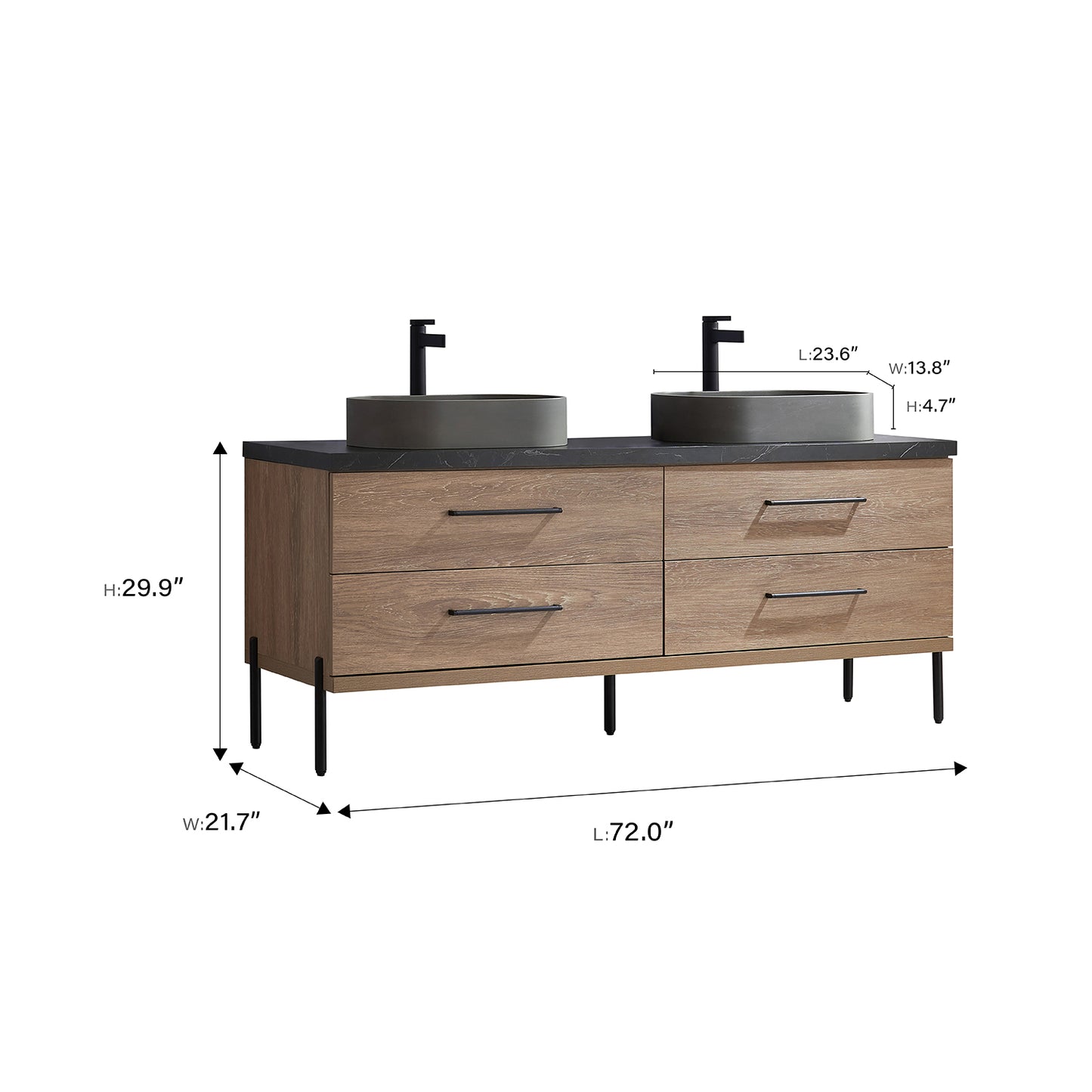 Trento 72" Double Sink Bath Vanity in North American Oak with Black Centered Stone Top with Concrete Sink and Mirror