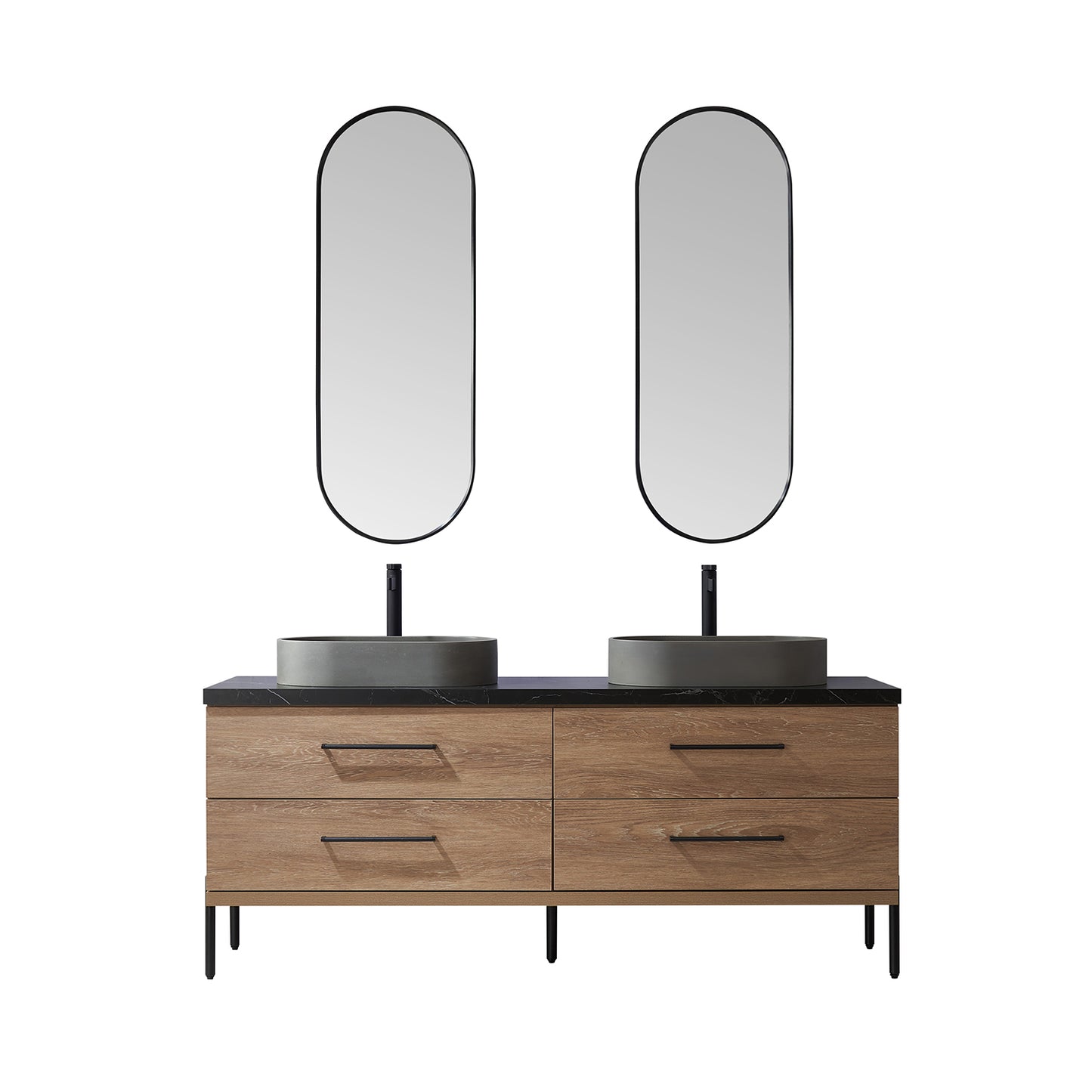 Trento 72" Double Sink Bath Vanity in North American Oak with Black Centered Stone Top with Concrete Sink and Mirror